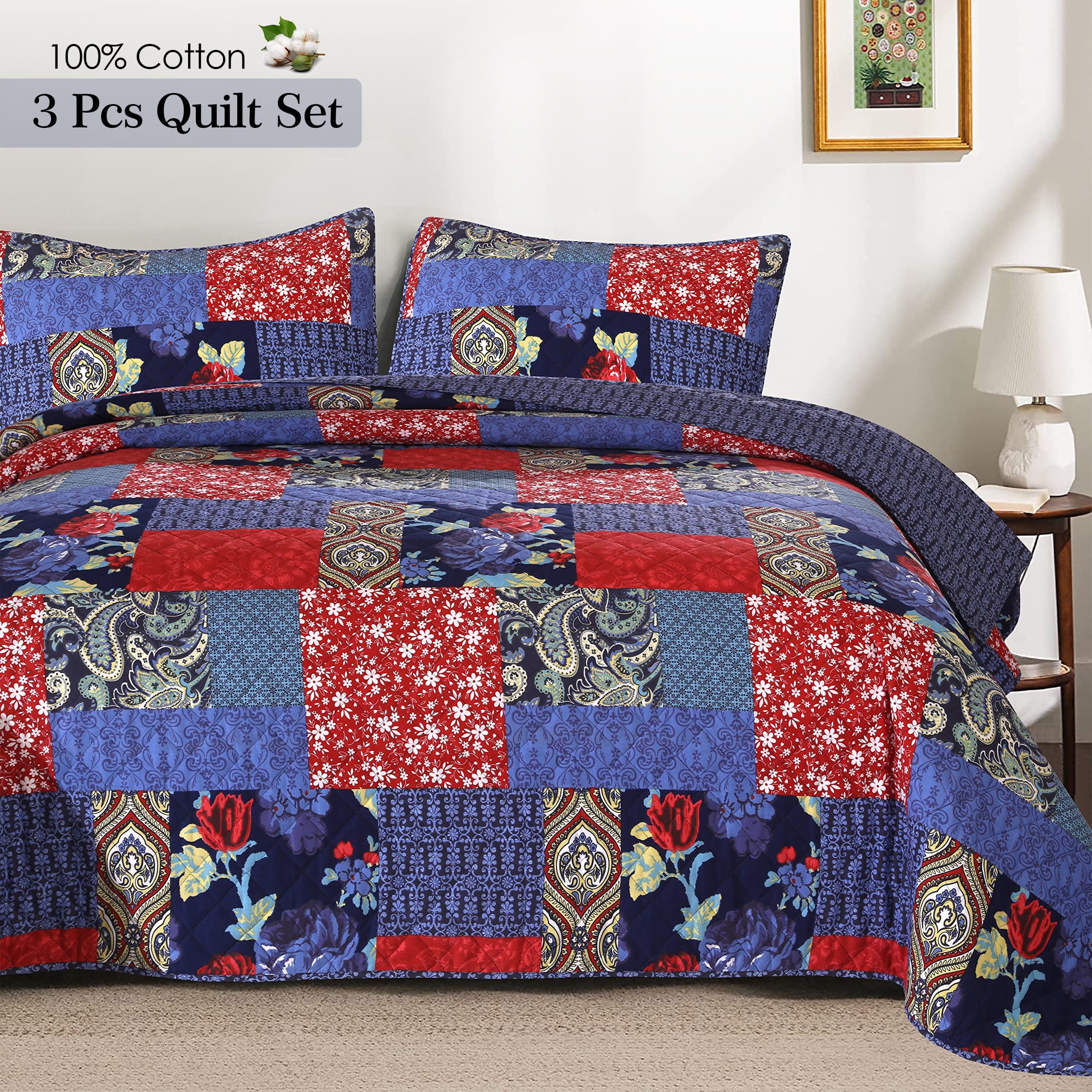 Ruvanti 100% Cotton 3 Pcs Quilt Set Queen/Full Bedspreads, Lightweight Coverlet, Soft, Warm Comforter All Season Quilts Queen Size Set Include Quilt \u0026 2 Pillow Covers, Reversible Navy Turqize Pattern